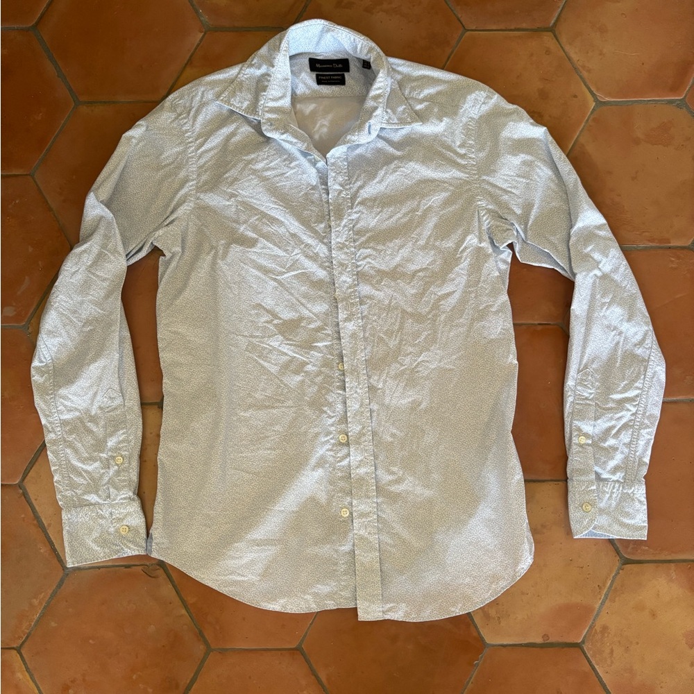 Massimo Dutti | Dress Shirt in white with minimal blue floral pattern | sz S